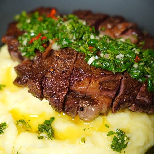 Chimichurri Over Steak and Mashed Potatoes