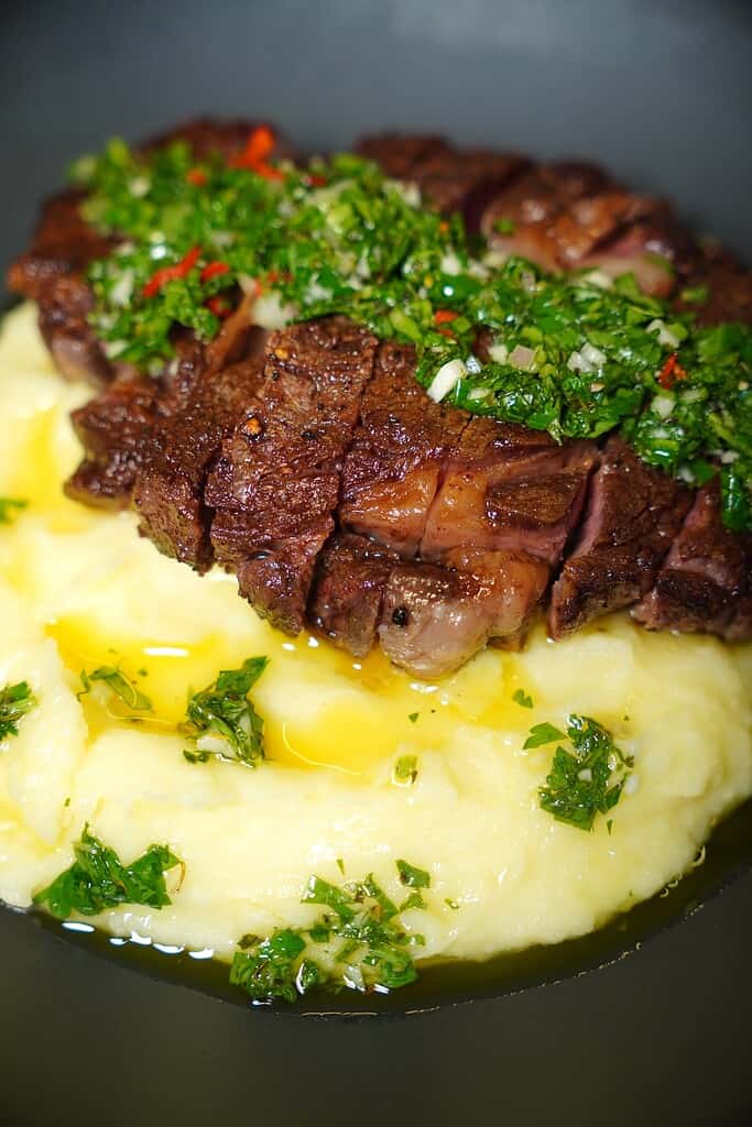 Chimichurri Over Steak and Mashed Potatoes