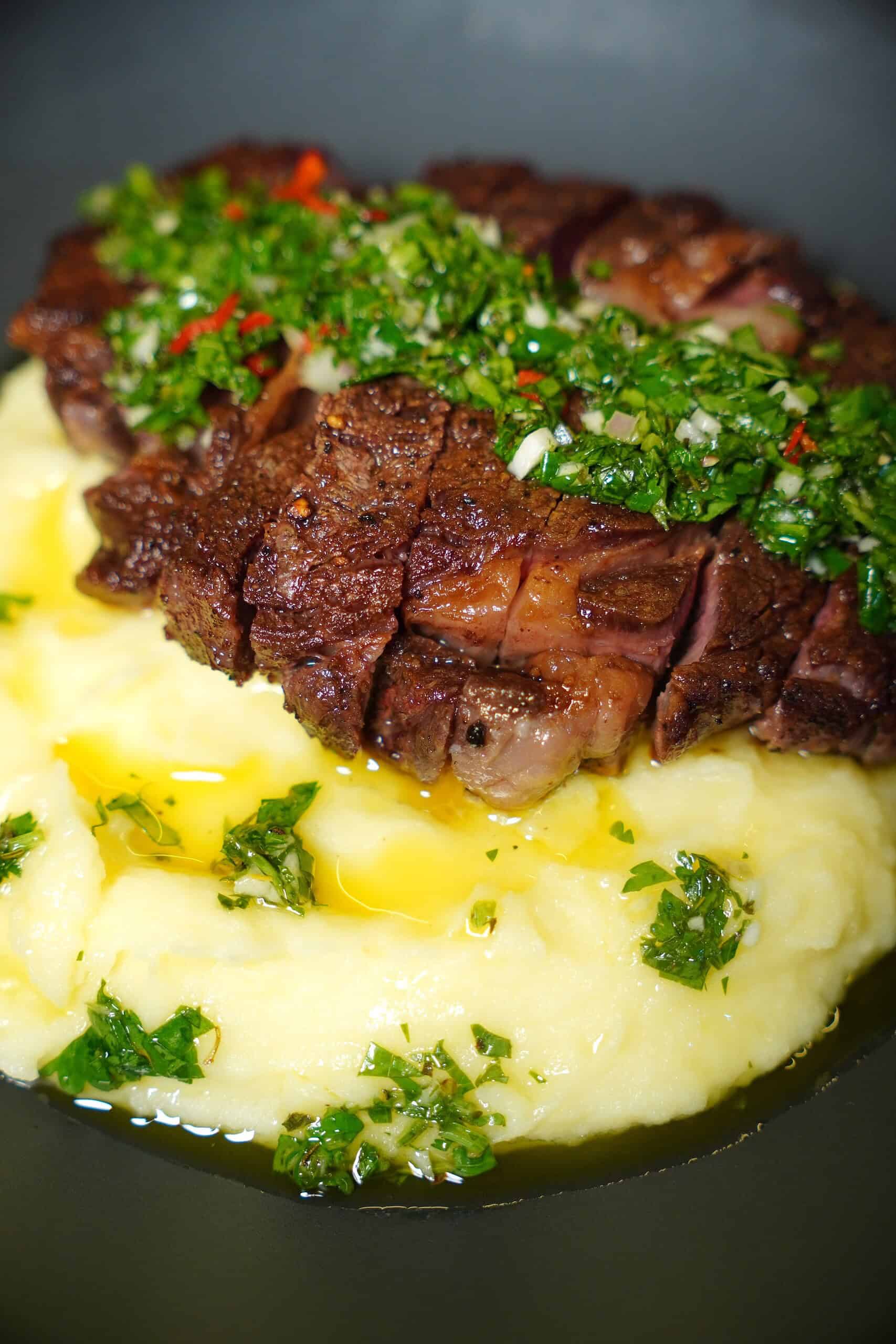 Chimichurri Over Steak and Mashed Potatoes